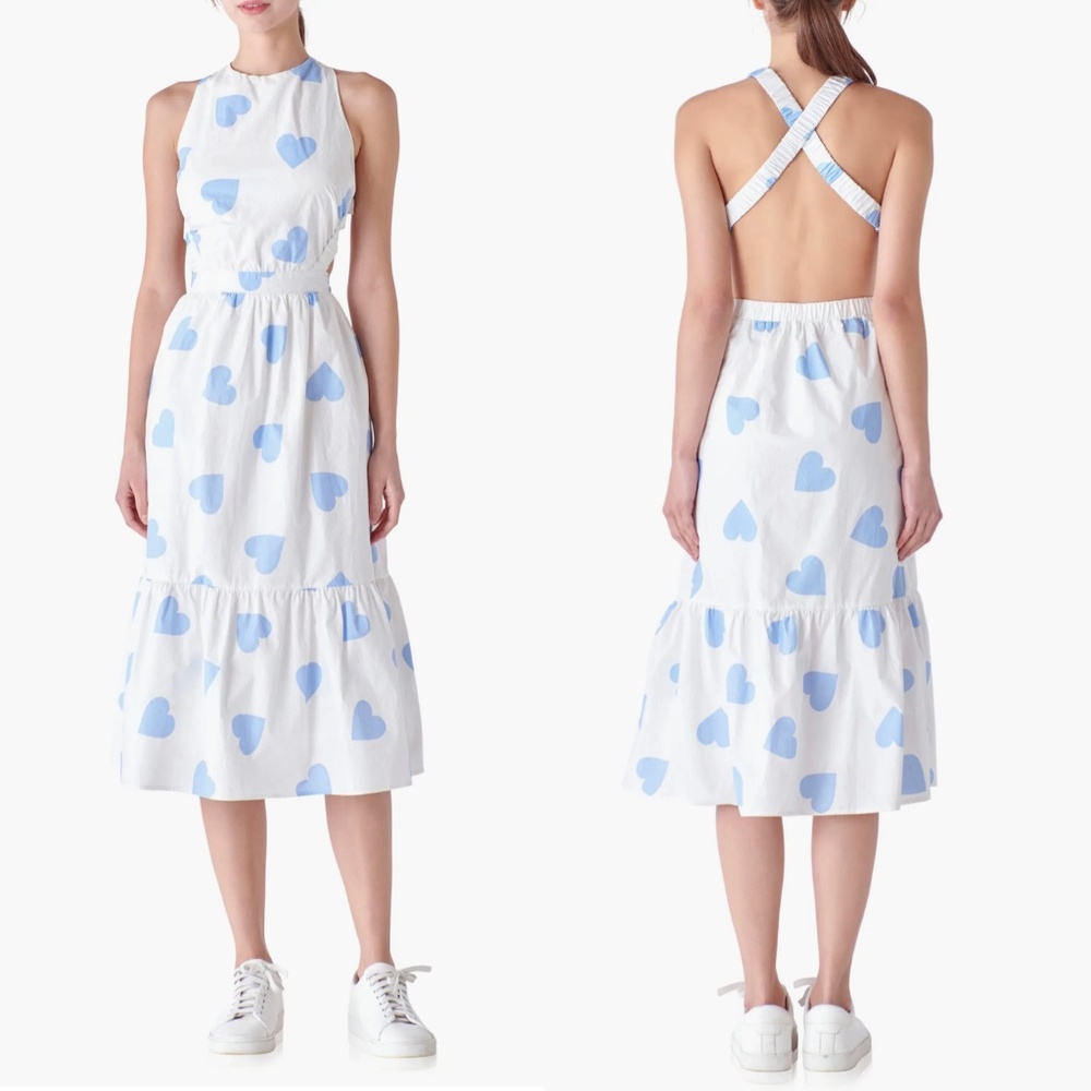NEW ENGLISH FACTORY White & Blue COTTON Heart Shape CROSSBACK Apron MIDI DRESS M